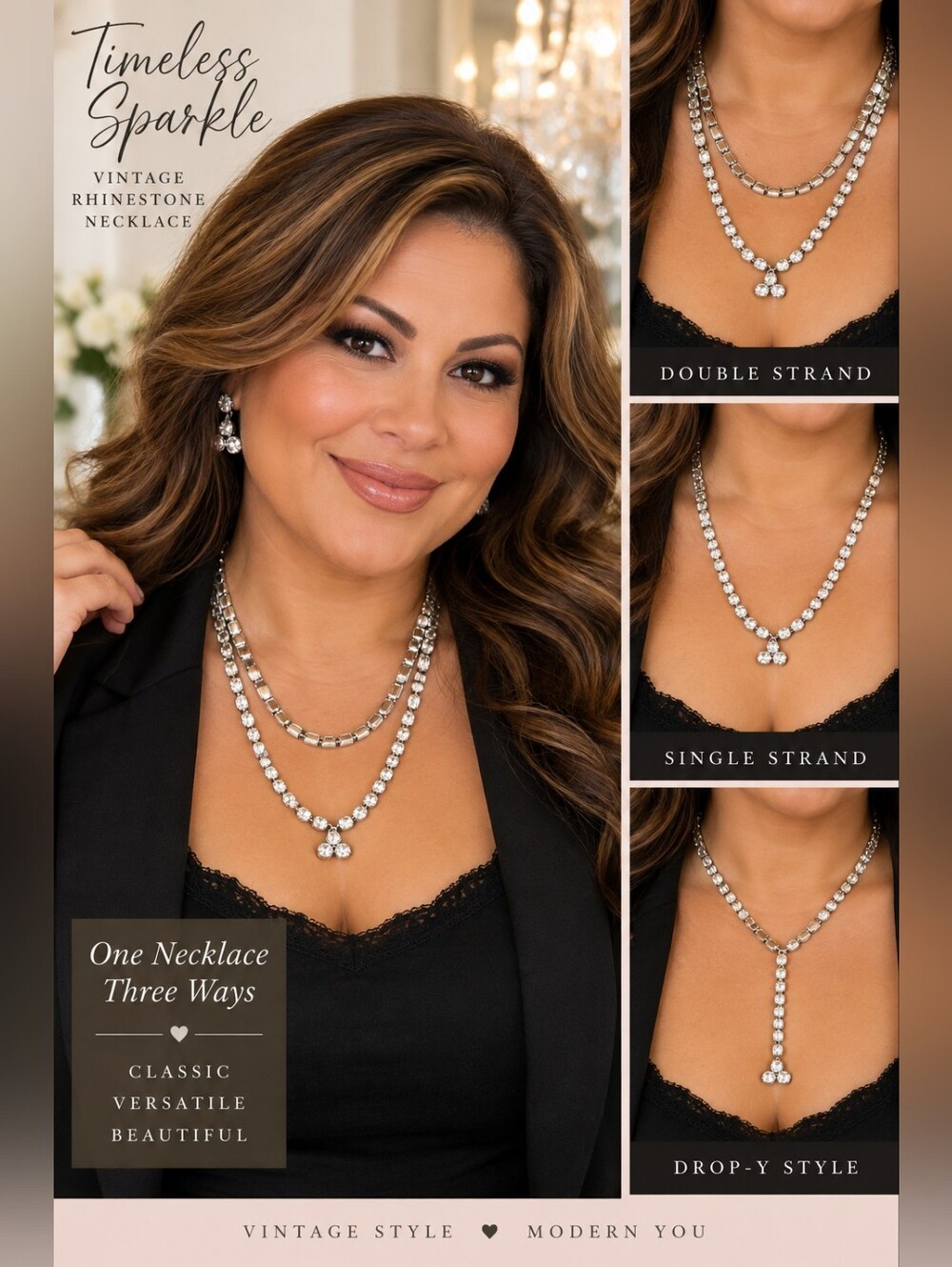 Vintage Silver Tone Rhinestone Convertible Double Strand Drop Y Necklace
